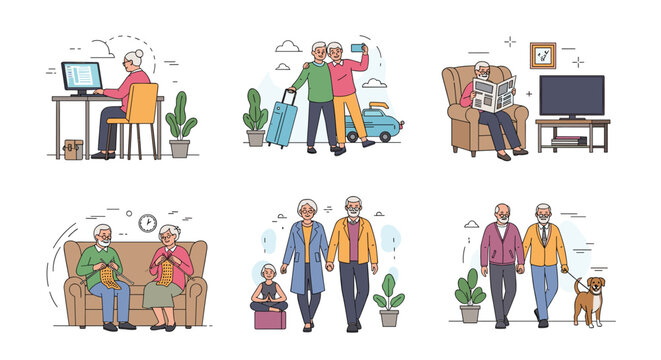 Set of various elderly people engaged in active and happy lifestyle activities such as traveling exercising and using computer.