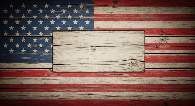 Rustic american flag with blank wooden sign