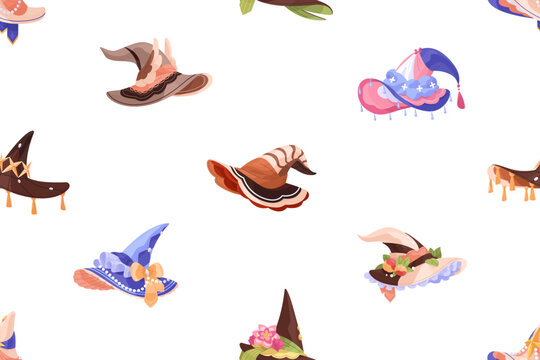 Endless background of decorated pointed witches hats. Repeatable pattern of different ornamented magic caps, fable headdress of wizard costume for Halloween party. Flat seamless vector illustration