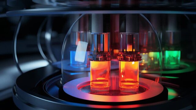 Quantum computing core illuminates a dark environment, processing complex data for advanced scientific research, technological innovation, and future challenges in artificial intelligence