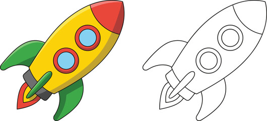 Cartoon Space Rocket Ship Illustration with Outline Coloring Page Version for Kids Education Astronomy Science Projects and Outer Space Themed Creative Graphic Designs © Shahanaj