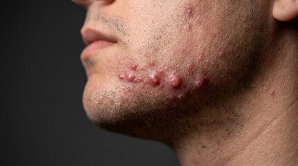 Naklejka premium severe acne on man's face, close-up of chin and jawline with skin problems
