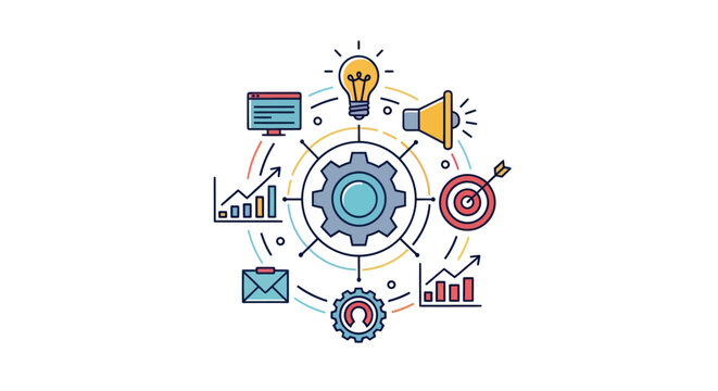 Concept of business process management and digital marketing strategy with flat icons.