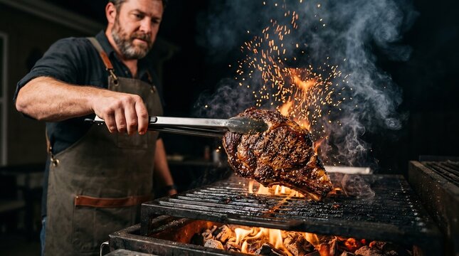 man grilling tomahawk steak over fire with smoke and sparks