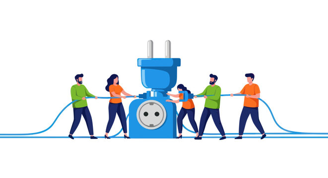 Team of people pulling a large power plug into a socket for energy connection.