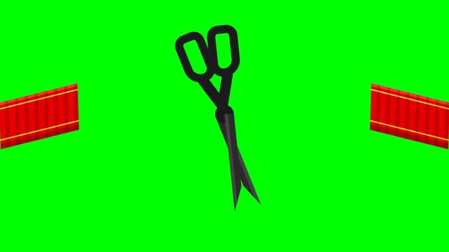 Grand Opening Ceremony Animation with Scissors Cutting Red Ribbon on Green Screen Chroma Key Background