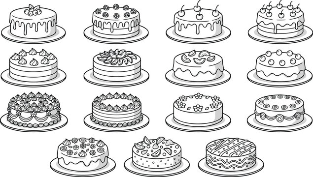 Assorted Birthday Cake Outline Icon Set with Different Toppings and Decorations for Kids Coloring Pages Bakery Menu Design and Party Celebration Activity Worksheets
