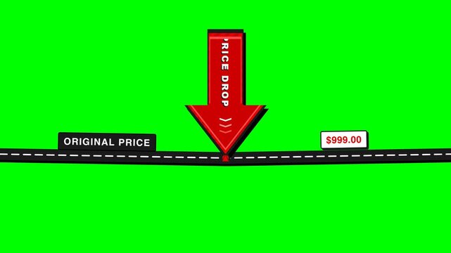 Ecommerce Price Drop Animation with Red Arrow Slashing Cost on Green Screen Background