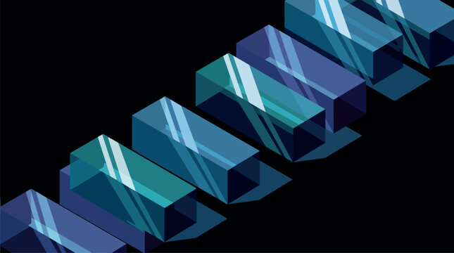 Abstract 3D vector illustration of translucent deep blue rectangular prisms layered in a geometric composition with soft shadows and light effects on a clean white background.