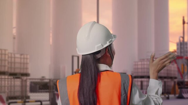 Back of Asian Female Engineer Waving Hand Saying Bye While Walking at Storage Facility with IBC Totes, Large Silos and Safety Barriers at Sunset
