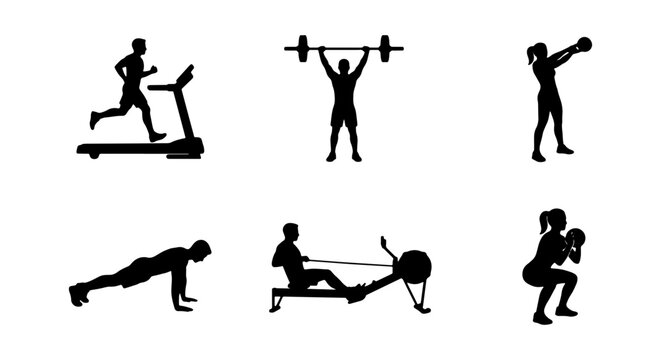 Fitness Silhouette Icons Set, Gym Workout Vector Graphics, Healthy Lifestyle Activity Illustrations, Exercise Equipment Collection