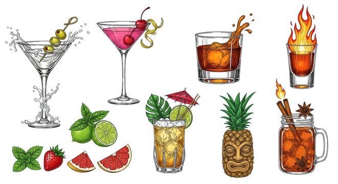 Vintage engraving style vector illustration set of six cocktails with garnishes in a flat lay on a white background. Concept of mixology and bartending