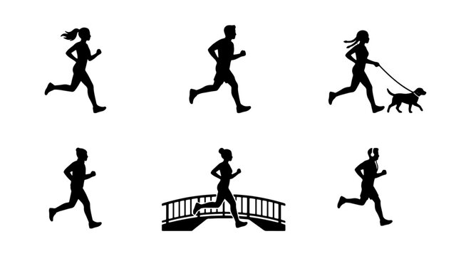 Diverse Running Silhouettes: Men, Women, Dog Walker, Bridge Runner, Set of 6 Vector Icons