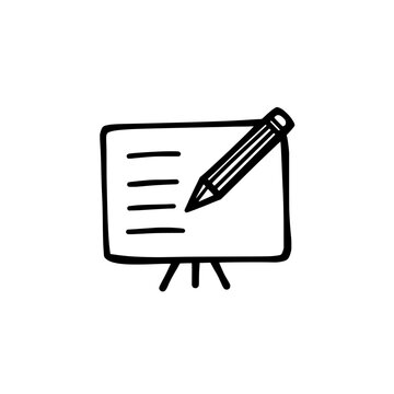 Hand drawn presentation board icon logo design. Business briefing flipchart sign and symbol. Sketch doodle presentation icon. Meeting room.