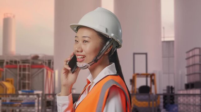 Side View of Asian Female Engineer Talking On Smartphone While Walking at Storage Facility with IBC Totes, Large Silos and Safety Barriers at Sunset