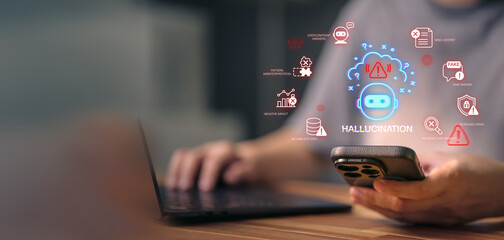 Obraz premium Hallucinate of artificial intelligence shows error and incorrect or misleading information with fake data on a digital screen caused by an inaccurate glitch in the algorithm.