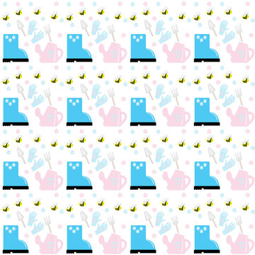 Pattern of blue rubber boots, gloves, garden tools, bees, and flowers. Vector illustration