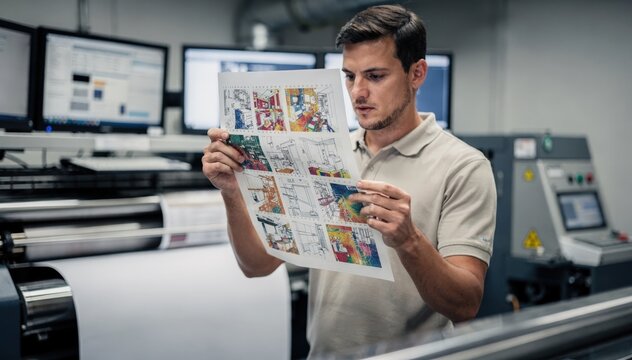 Staff member scrutinizing registration marks precision on first sheets the detailed print sharply in focus with out of focus control monitors in the backdrop.