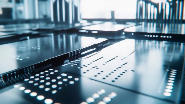 Illuminating circuit board connections creating an abstract background for digital technology, displaying intricate patterns and futuristic data flow on a microchip substrate