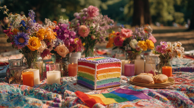 Rainbow pride cake and colorful picnic setup with flowers celebrating LGBT community outdoors