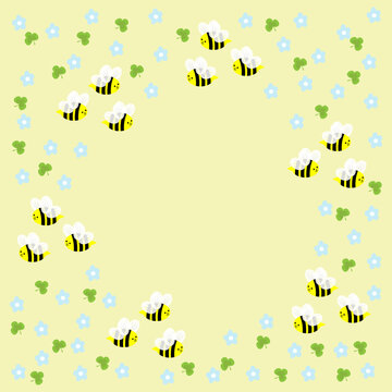 A frame with funny bees and blue forget-me-not flowers highlighted on a yellow background