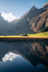 Naklejka premium Switzerland alpine mountain scenery at Seealpsee lake, Appenzellerland region, Switzerland