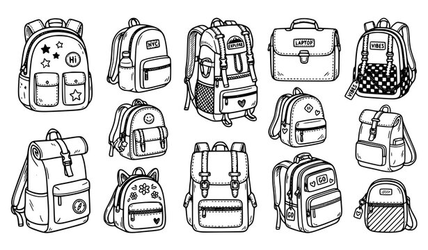 Doodle Backpack Collection Vector Illustration with Trendy School and Travel Bag Sketches