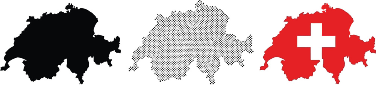 Switzerland map variations solid halftone and flag representation