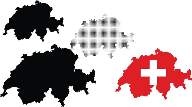 Switzerland map variations solid dot pattern and national flag representation