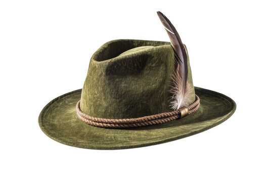 Isolated stylish traditional olive green felt hat with decorative feather and braided rope band