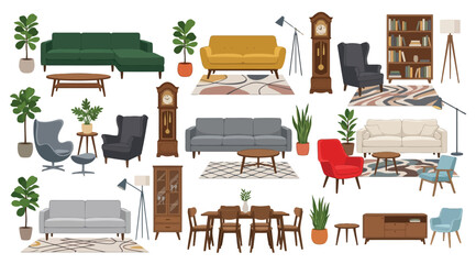 Set of modern furniture and home decor elements, including sofas, armchairs, tables, bookshelves, floor lamps, and potted plants © Siam