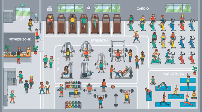 Top view flat design of a gym floor plan with various exercise zones and people working out