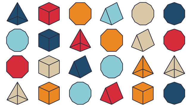 Various colorful geometric shapes and three dimensional objects arranged in a neat grid pattern layout