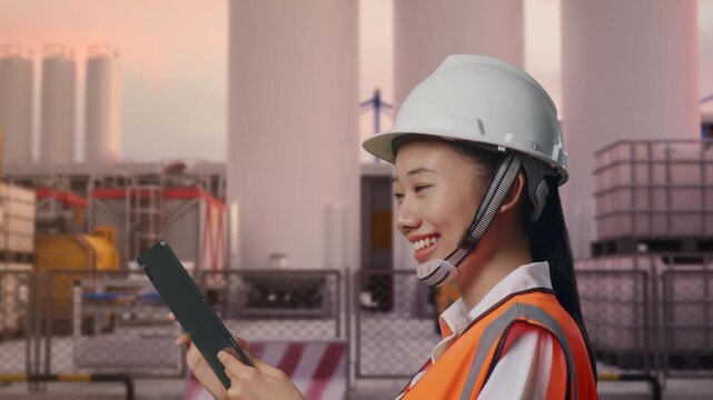 Side View of Asian Female Engineer Use Tablet While Walking at Storage Facility with IBC Totes, Large Silos and Safety Barriers at Sunset