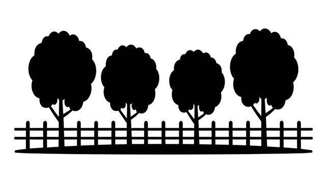 Black silhouette of trees behind a fence with silhouette isolated landscape greenery boundary seasonal
