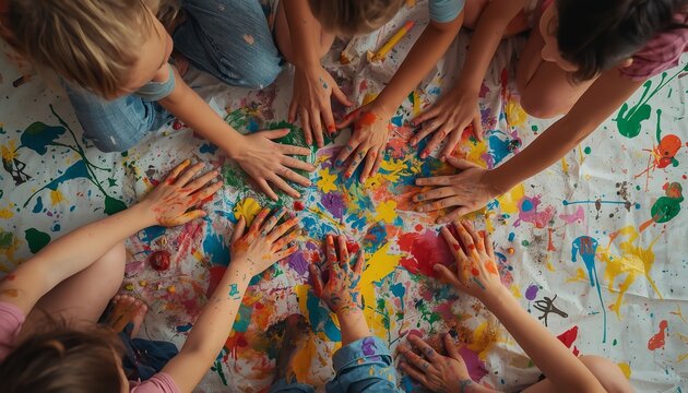 Diverse group of happy children sitting in a circle while placing their paint covered hands together on a large white paper sheet to celebrate their creative artistic project together today.