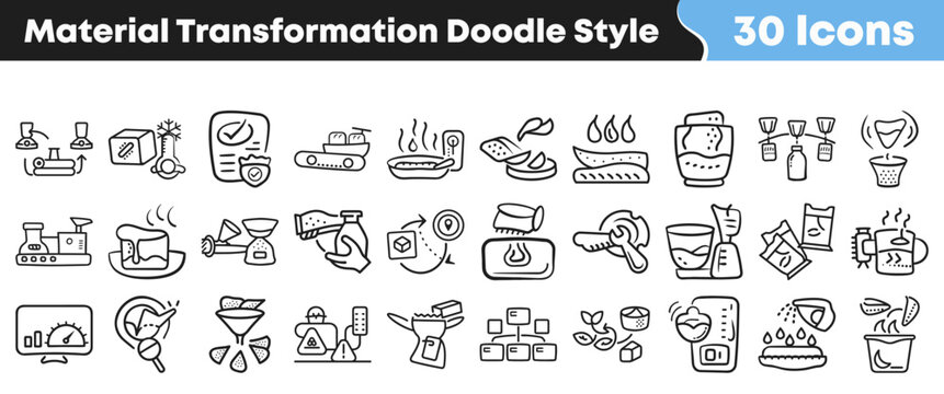 Set of thirty hand drawn icons depicting industrial material transformation processes