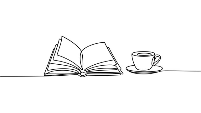 Open book with coffee cup and saucer line art illustration beverage breakfast caffeine relaxation