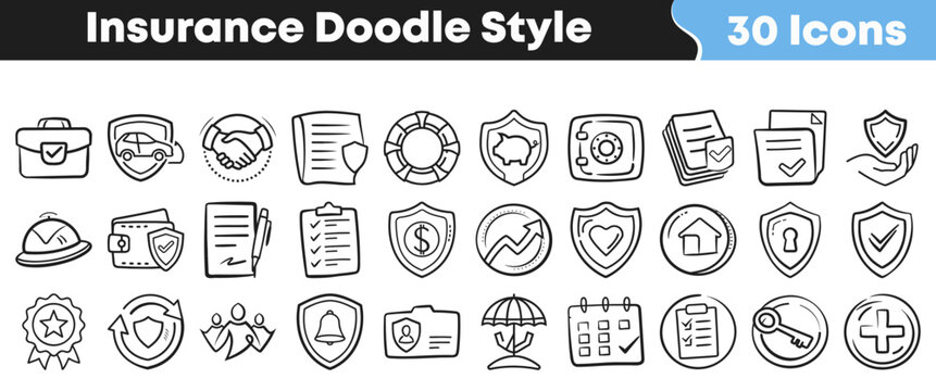 Collection of hand drawn insurance icons in a simple doodle style