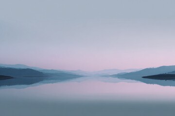 Fototapeta premium Tranquil dawn over misty mountain lake with soft pink sky reflection