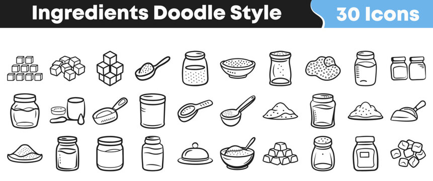 Hand drawn collection of various food ingredients in doodle style