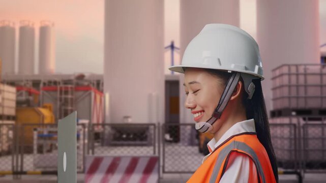 Side View of Asian Female Engineer Use Computer While Walking at Storage Facility with IBC Totes, Large Silos and Safety Barriers at Sunset