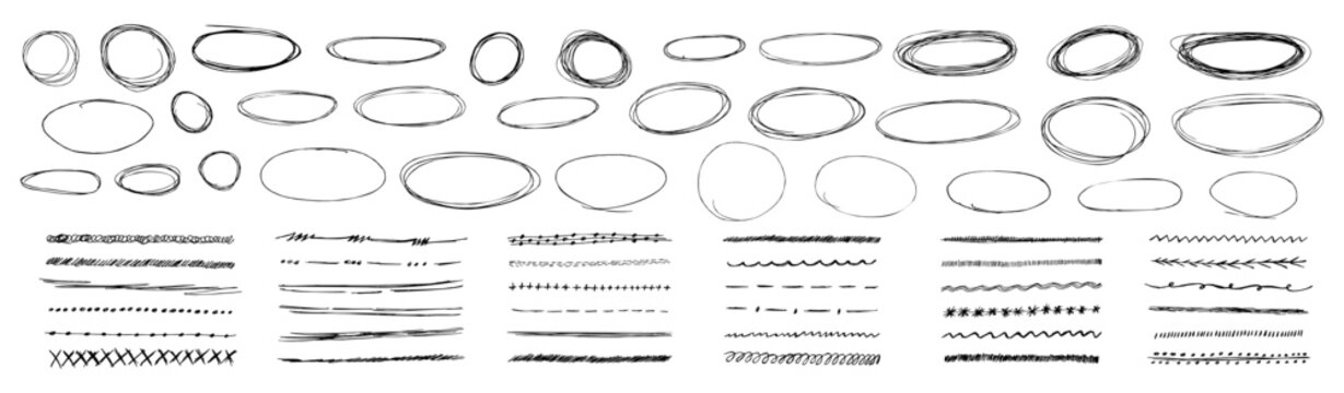 Black pen strokes forming round circle underline shapes with hand drawn doodle arrow elements. Rough doodles encircle important notes with strike accents. Vector kit for highlight text.