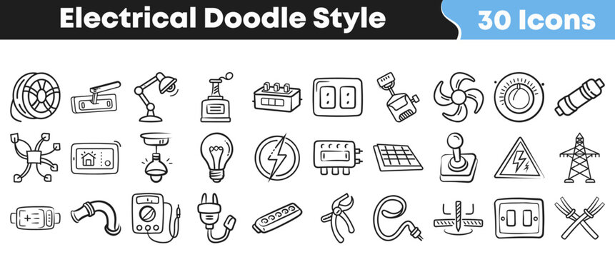 Collection of hand drawn electrical icons in a doodle style