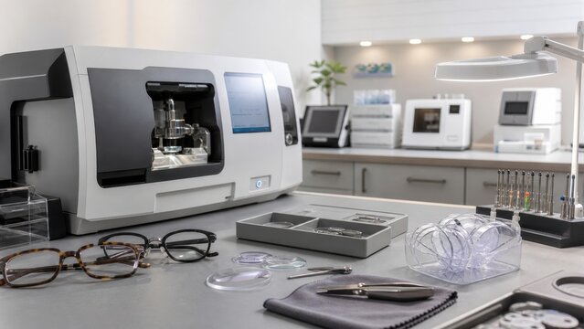 Optical lab setup with machines, tools, and eyewear in focus during a busy workday in a vision center or optometry office