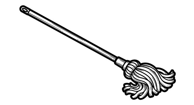 Black and white illustration of a cleaning mop on white background