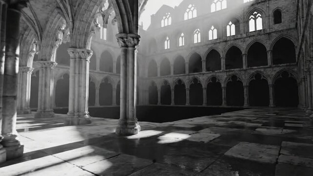 Gothic cathedral cloister rendered in black and white with dramatic lighting and architectural detail
