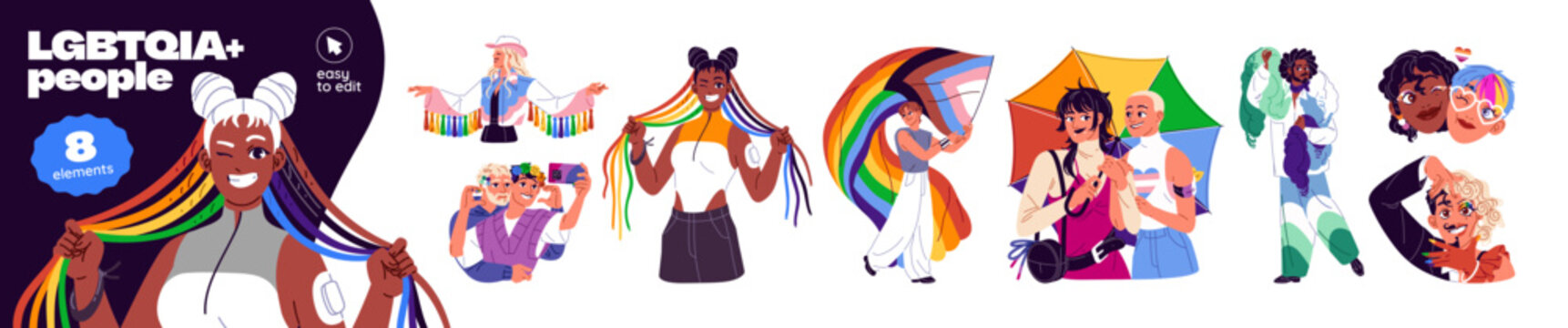 LGBTQIA people set. Happy gays, lesbians, bisexual and non binary characters. Queer sexual orientation. LGBT community, LGBTQ and homosexual couples. Flat isolated vector illustrations on white