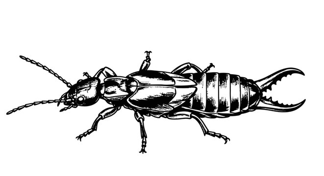 Detailed black and white illustration of an earwig insect isolated on white