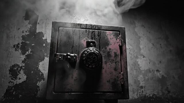 Mysterious wet and aged safe with a combination dial and eerie mist, a suspenseful concept